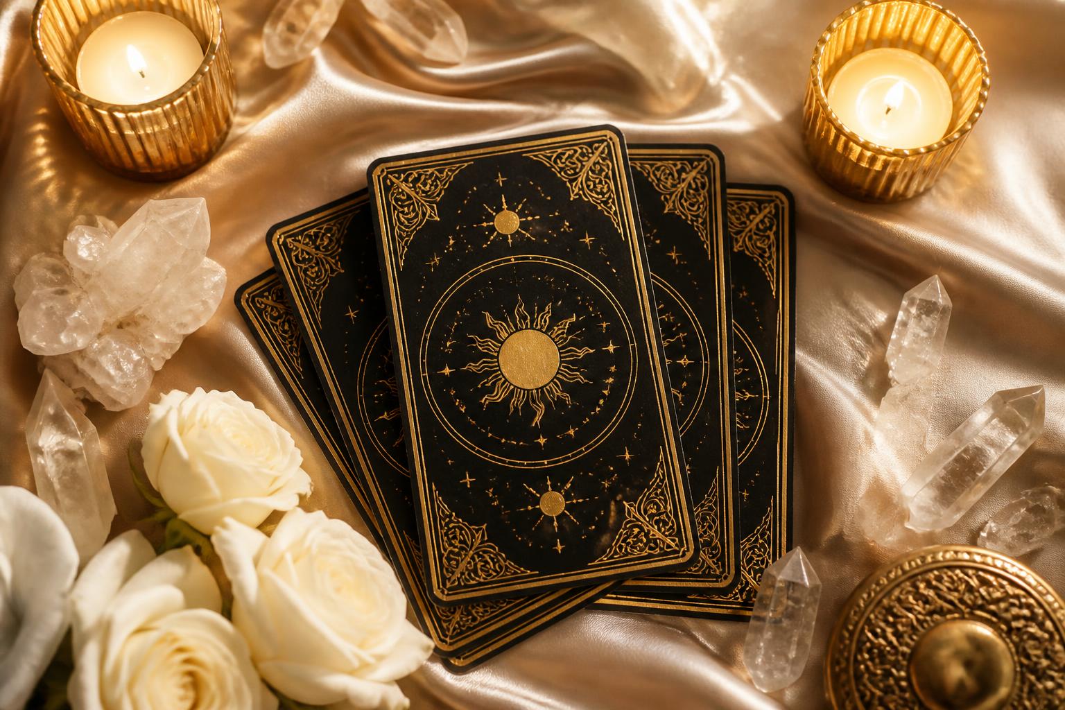 Cartas de tarô, velas e rosas brancas em ambiente dourado e acolhedor